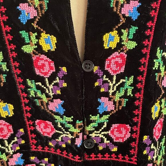 Free People Always Forever Black Velvet Mini Dress Floral Embroidery MED Boho - Picture 2 of 10